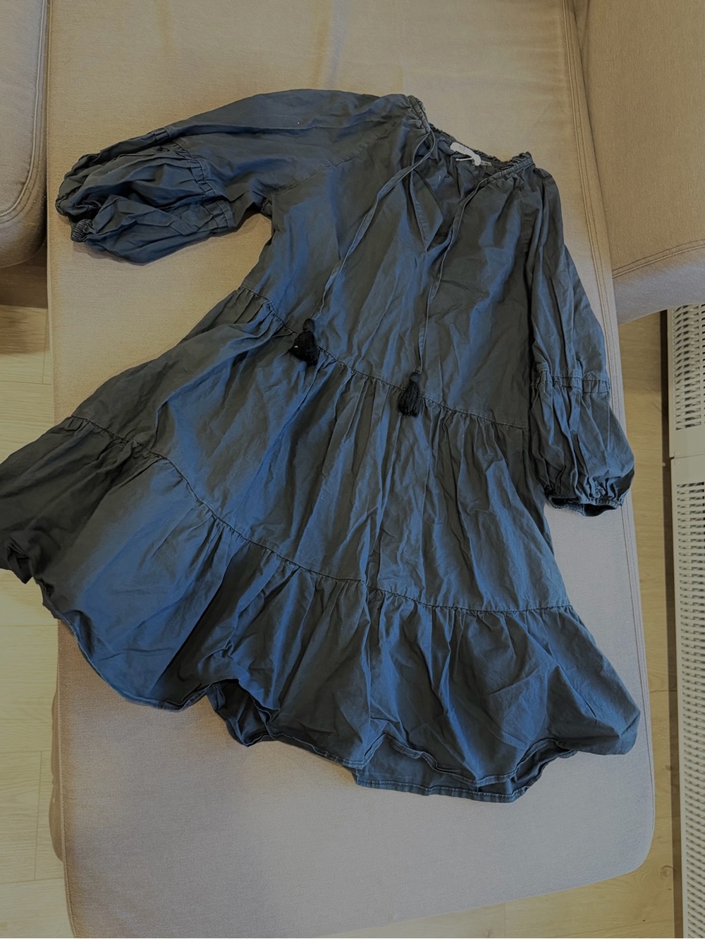 Tiered Puff-Sleeve Mini Dress in Charcoal